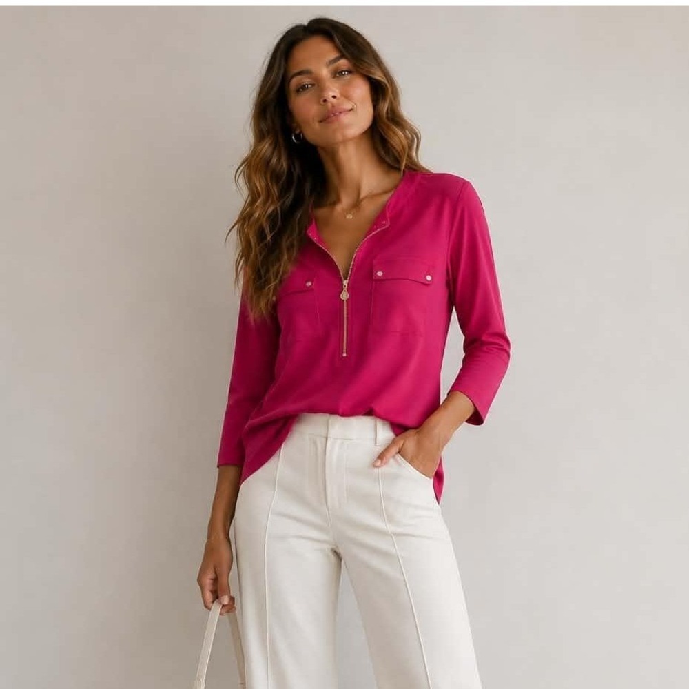 Anne Klein Womens Fuchsia Pink Half Zip 3/4 Sleeve Utility Blouse Top Size M